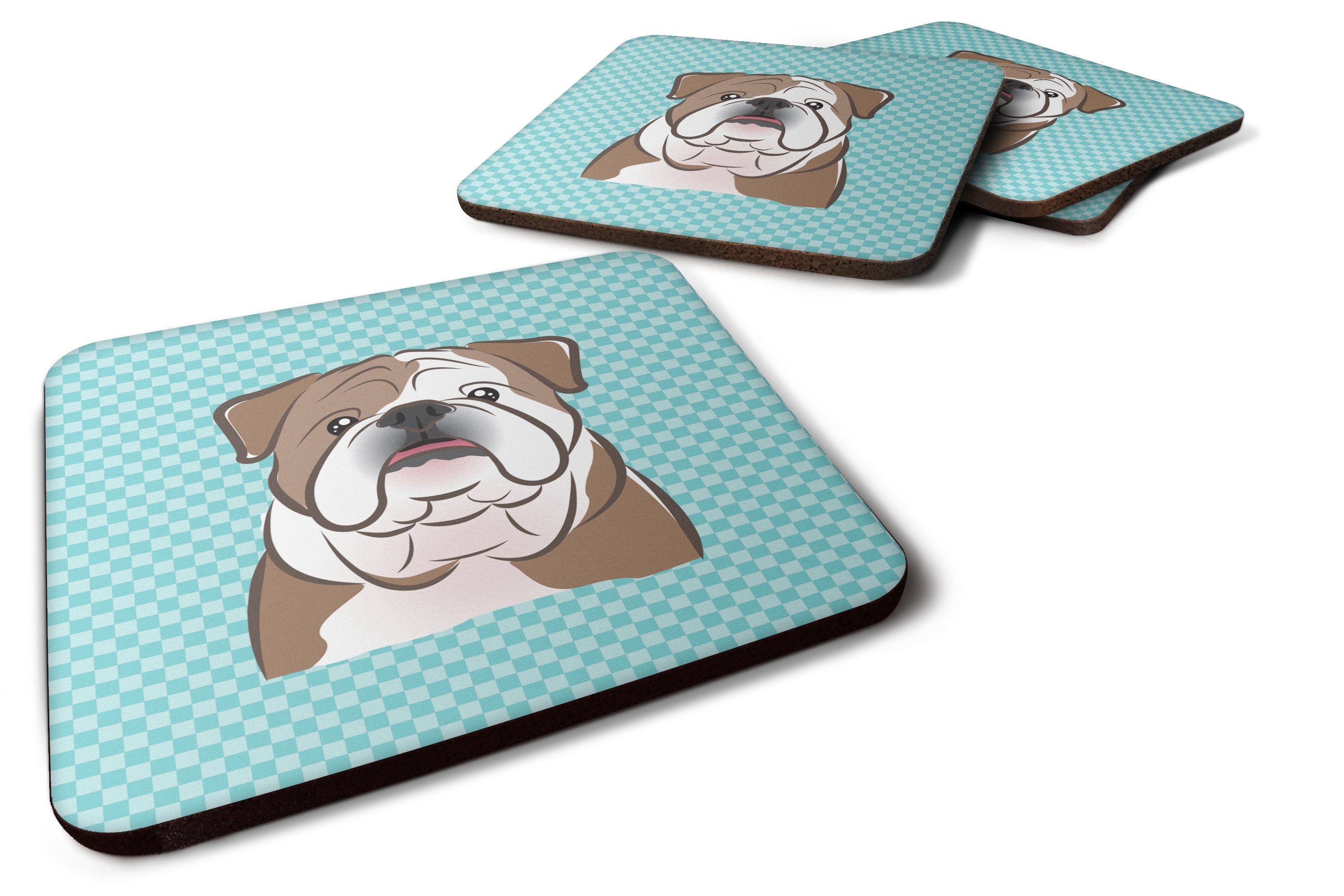 Checkerboard Blue English Bulldog  Foam Coasters Set of 4 Cup Coasters for Indoor Outdoor, Tabletop Protection, Anti Slip, Mouse pad Material