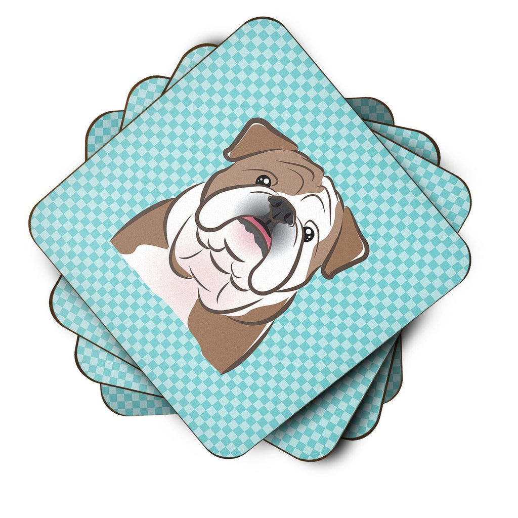 Checkerboard Blue English Bulldog  Foam Coasters Set of 4 Cup Coasters for Indoor Outdoor, Tabletop Protection, Anti Slip, Mouse pad Material