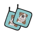 Checkerboard Blue English Bulldog  Pot Holder Set of 2 Heat Resistant Quilted Hot Pads 7.5 x 7.5 Inch, Insulated Kitchen Trivets for Cooking & Baking