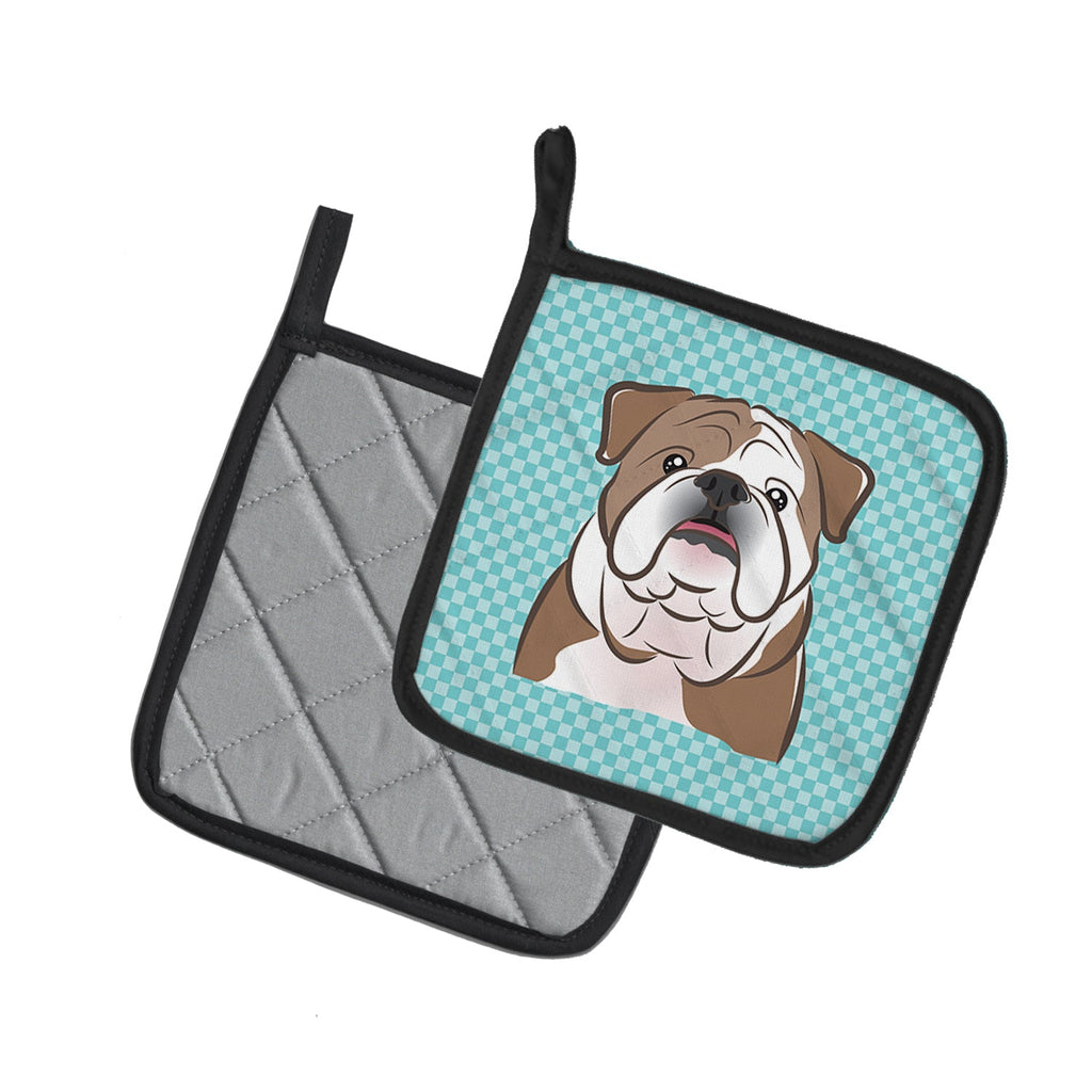 Checkerboard Blue English Bulldog  Pot Holder Set of 2 Heat Resistant Quilted Hot Pads 7.5 x 7.5 Inch, Insulated Kitchen Trivets for Cooking & Baking