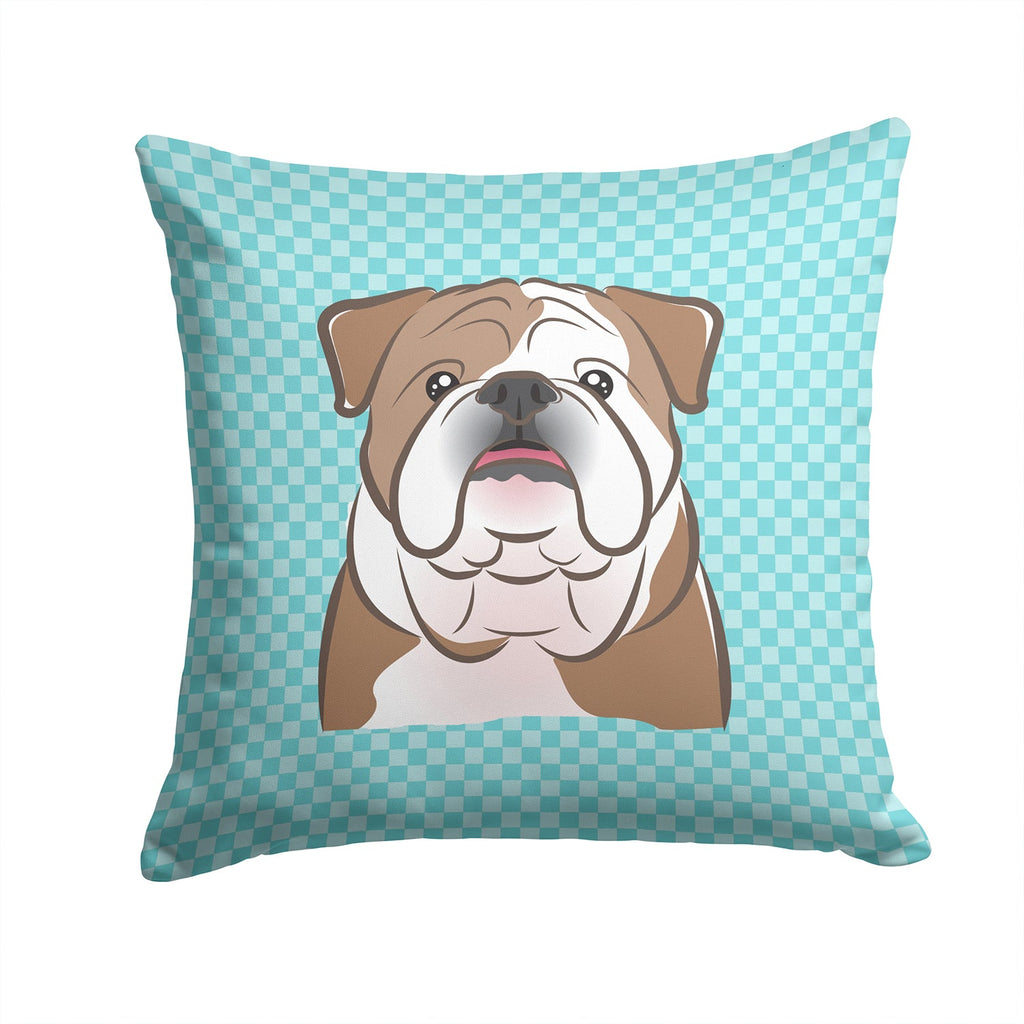 Checkerboard Blue English Bulldog  Decorative Throw Pillow 14x14 Indoor Outdoor Accent Cushion, Fabric Cover with Insert for Sofa, Bed, Porch & Living Room