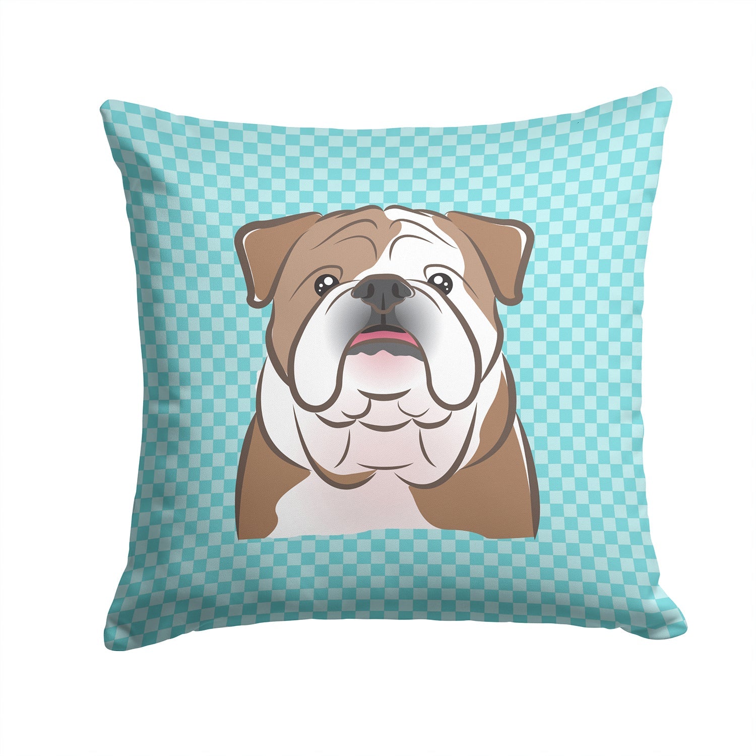 Checkerboard Blue English Bulldog  Decorative Throw Pillow 14x14 Indoor Outdoor Accent Cushion, Fabric Cover with Insert for Sofa, Bed, Porch & Living Room