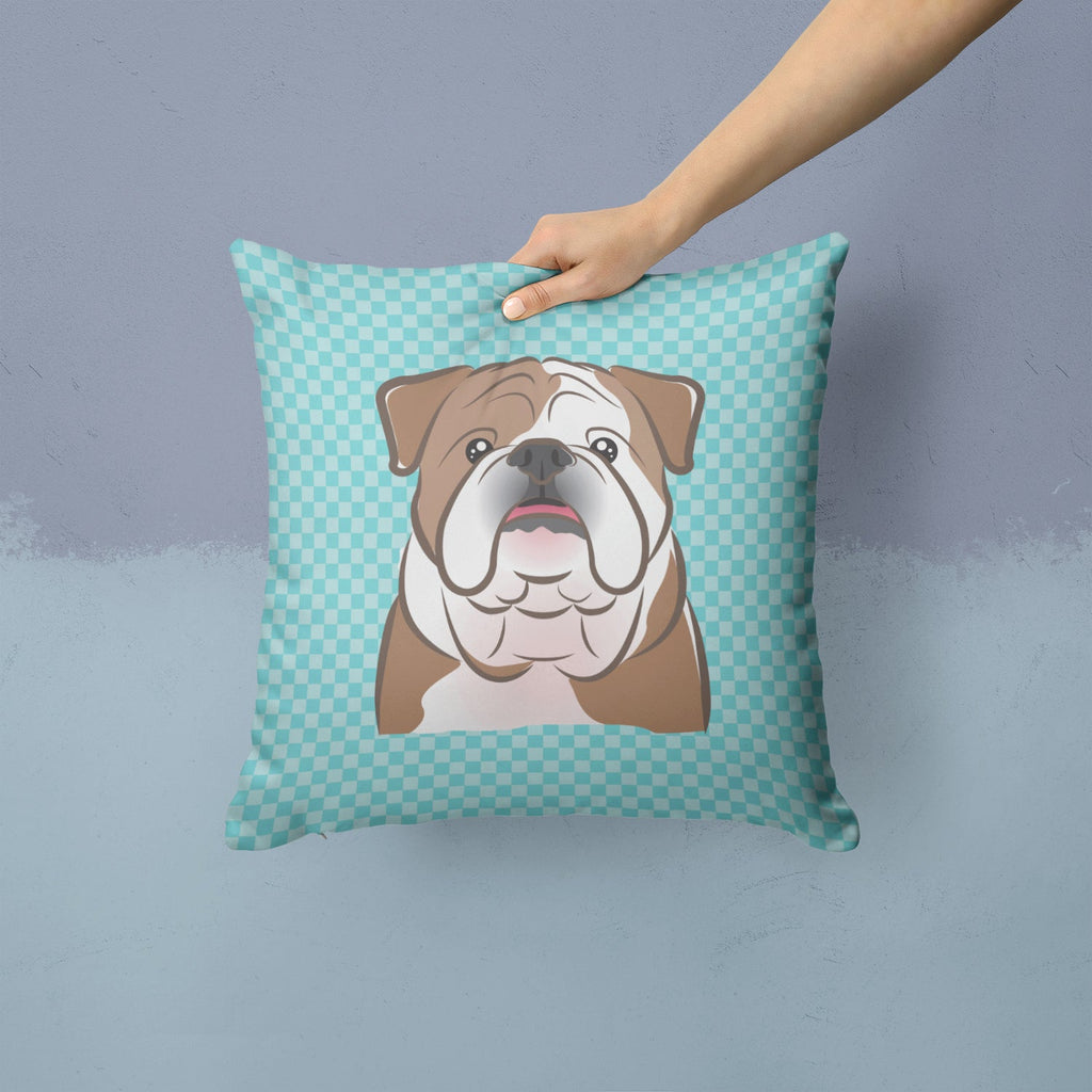 Checkerboard Blue English Bulldog  Decorative Throw Pillow 14x14 Indoor Outdoor Accent Cushion, Fabric Cover with Insert for Sofa, Bed, Porch & Living Room