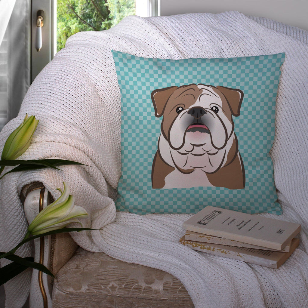 Checkerboard Blue English Bulldog  Decorative Throw Pillow 14x14 Indoor Outdoor Accent Cushion, Fabric Cover with Insert for Sofa, Bed, Porch & Living Room