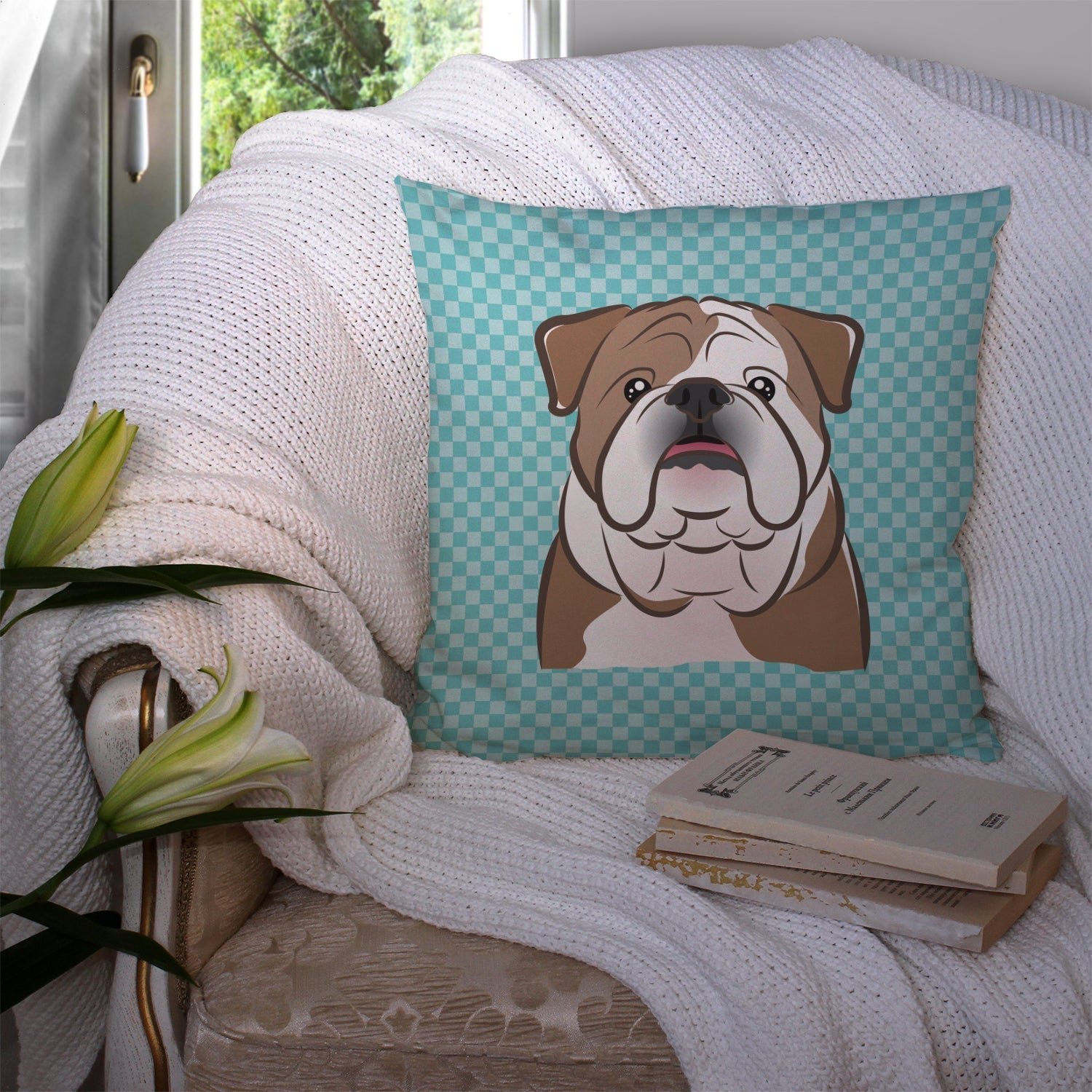 Checkerboard Blue English Bulldog  Decorative Throw Pillow 14x14 Indoor Outdoor Accent Cushion, Fabric Cover with Insert for Sofa, Bed, Porch & Living Room