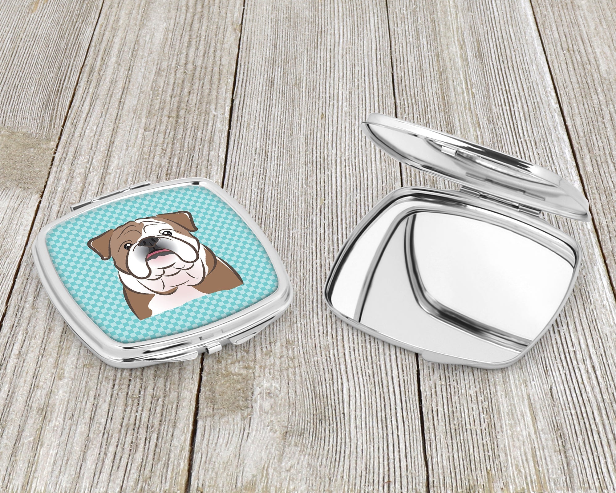 Checkerboard Blue English Bulldog  Compact Mirror Decorative Travel Makeup Mirror for Women Girls Gifts Pocket Makeup Mirror Folding Handheld