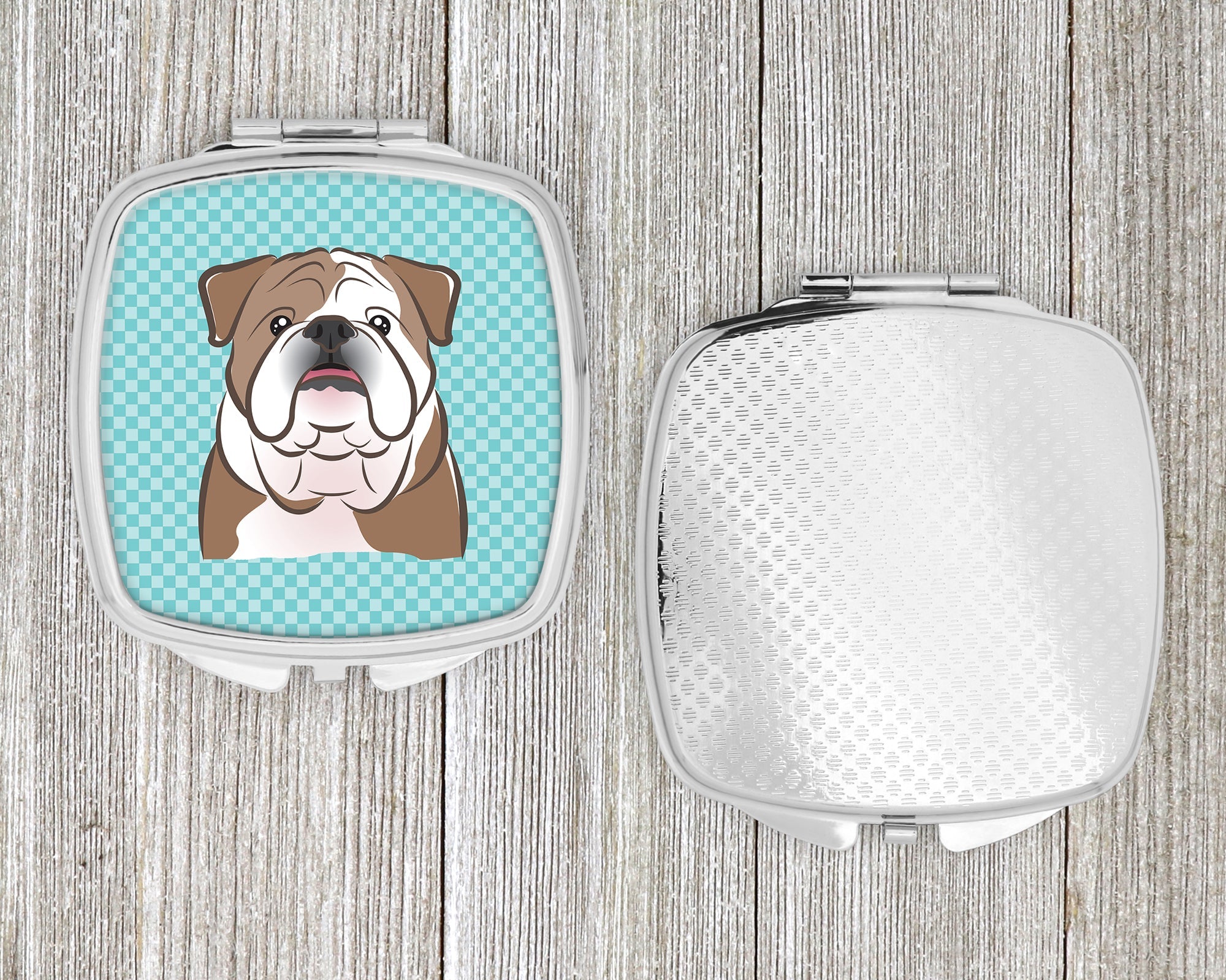 Checkerboard Blue English Bulldog  Compact Mirror Decorative Travel Makeup Mirror for Women Girls Gifts Pocket Makeup Mirror Folding Handheld