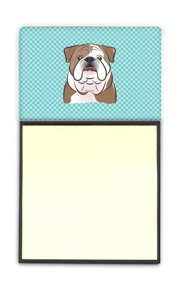 Checkerboard Blue English Bulldog  Watercolor Sticky Note Holder Refillable Dispenser Desk Accessory 3x3 Pad Gift