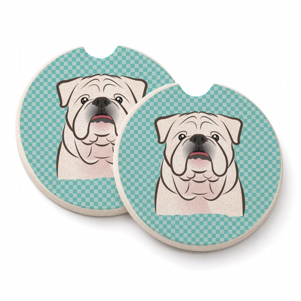 Checkerboard Blue White English Bulldog  Set of 2 Cup Holder Car Coasters Absorbent Round Sandstone Coasters Gifts for Men or Women, 2.5, Multicolor