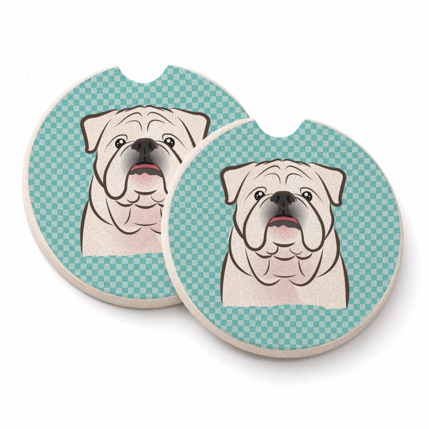 Checkerboard Blue White English Bulldog  Set of 2 Cup Holder Car Coasters Absorbent Round Sandstone Coasters Gifts for Men or Women, 2.5, Multicolor