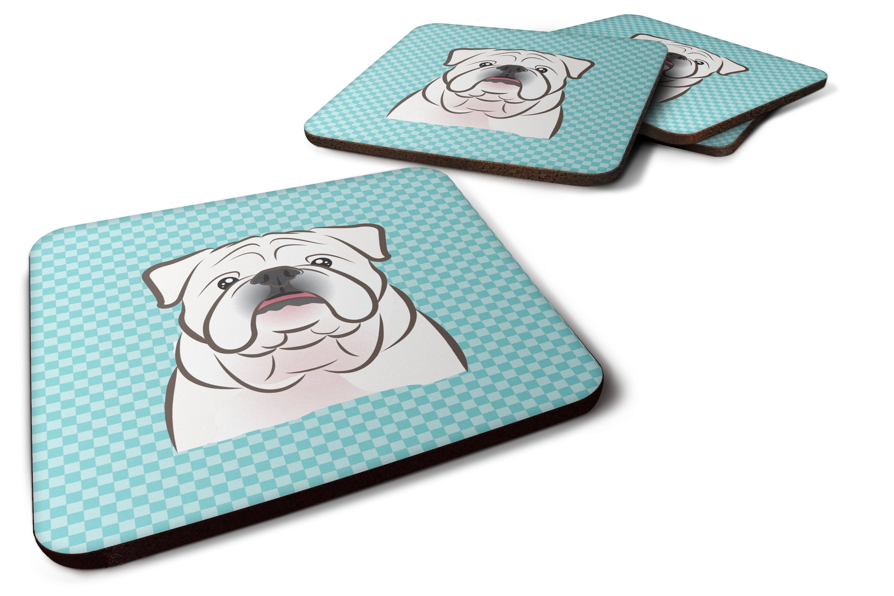 Checkerboard Blue White English Bulldog  Foam Coasters Set of 4 Cup Coasters for Indoor Outdoor, Tabletop Protection, Anti Slip, Mouse pad Material
