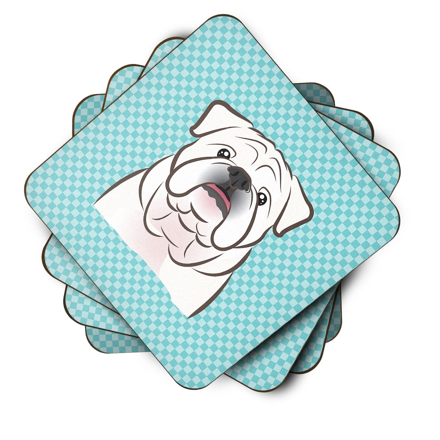 Checkerboard Blue White English Bulldog  Foam Coasters Set of 4 Cup Coasters for Indoor Outdoor, Tabletop Protection, Anti Slip, Mouse pad Material