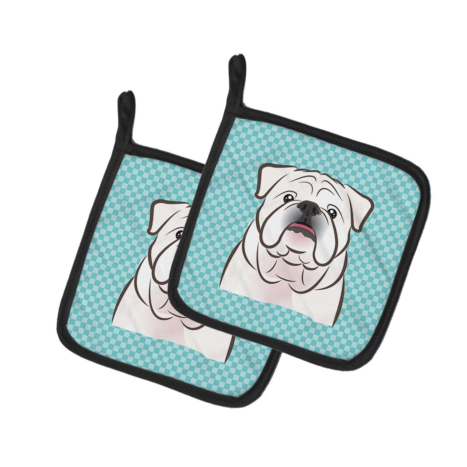 Checkerboard Blue White English Bulldog  Pot Holder Set of 2 Heat Resistant Quilted Hot Pads 7.5 x 7.5 Inch, Insulated Kitchen Trivets for Cooking & Baking