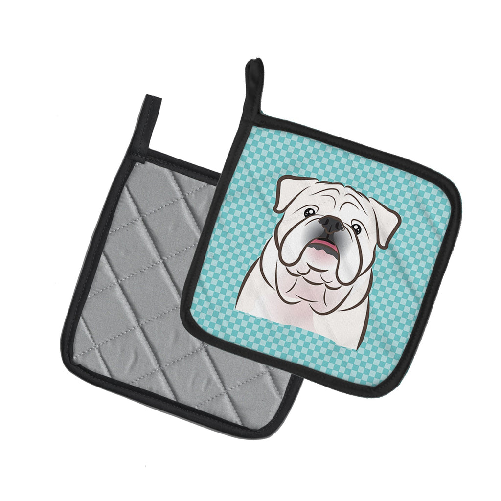 Checkerboard Blue White English Bulldog  Pot Holder Set of 2 Heat Resistant Quilted Hot Pads 7.5 x 7.5 Inch, Insulated Kitchen Trivets for Cooking & Baking