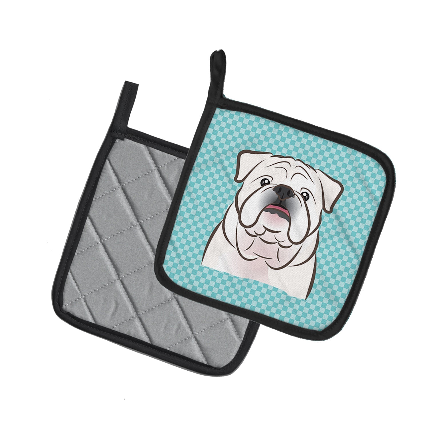 Checkerboard Blue White English Bulldog  Pot Holder Set of 2 Heat Resistant Quilted Hot Pads 7.5 x 7.5 Inch, Insulated Kitchen Trivets for Cooking & Baking