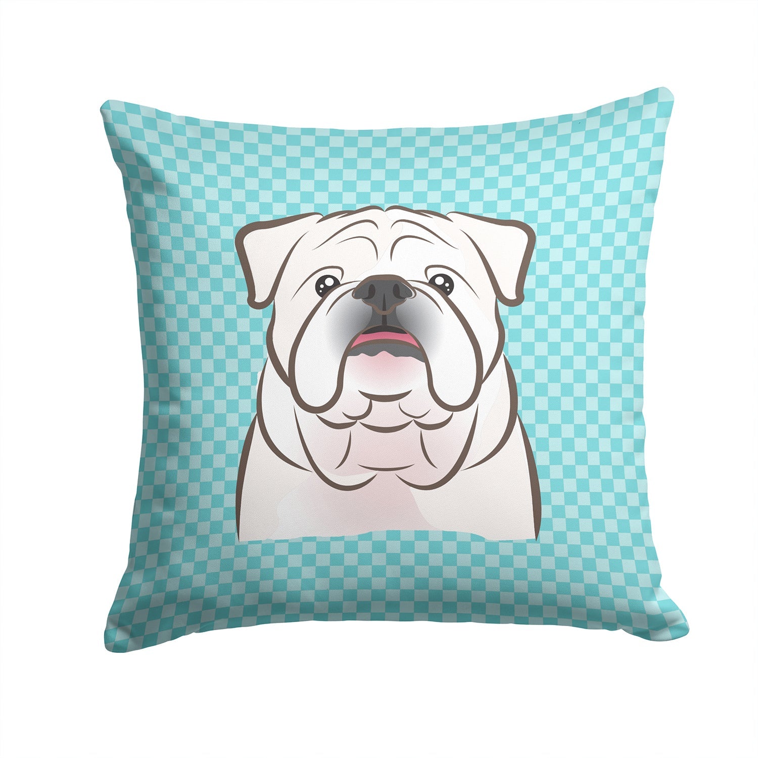 Checkerboard Blue White English Bulldog  Decorative Throw Pillow 14x14 Indoor Outdoor Accent Cushion, Fabric Cover with Insert for Sofa, Bed, Porch & Living Room