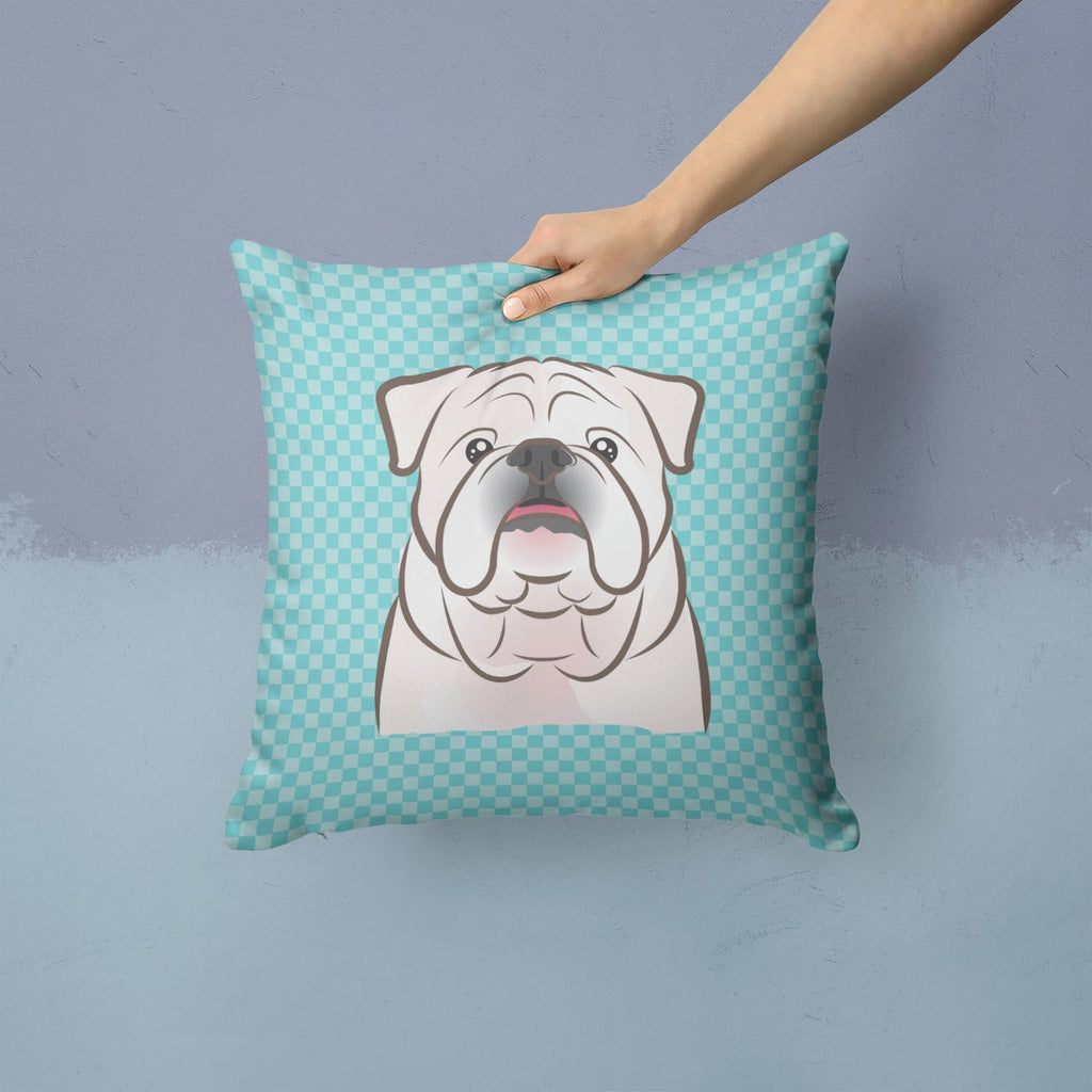 Checkerboard Blue White English Bulldog  Decorative Throw Pillow 14x14 Indoor Outdoor Accent Cushion, Fabric Cover with Insert for Sofa, Bed, Porch & Living Room