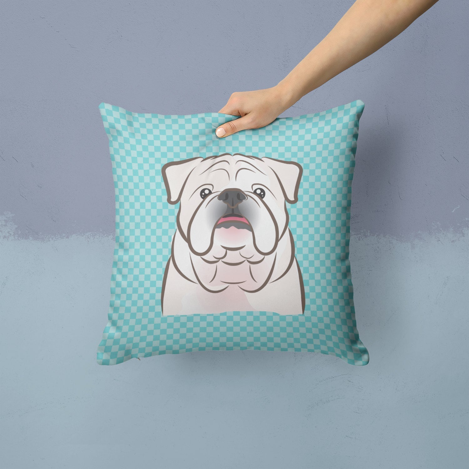 Checkerboard Blue White English Bulldog  Decorative Throw Pillow 14x14 Indoor Outdoor Accent Cushion, Fabric Cover with Insert for Sofa, Bed, Porch & Living Room