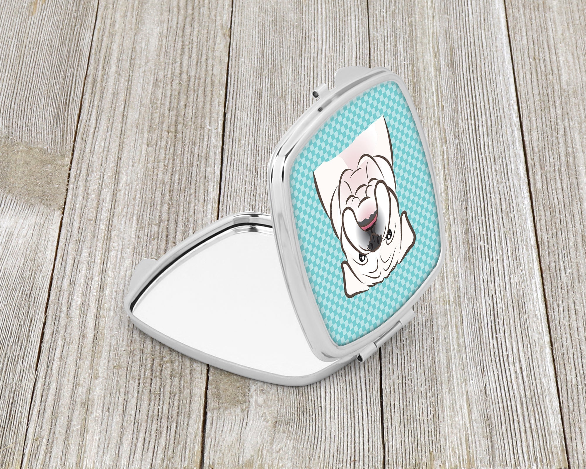 Checkerboard Blue White English Bulldog  Compact Mirror Decorative Travel Makeup Mirror for Women Girls Gifts Pocket Makeup Mirror Folding Handheld