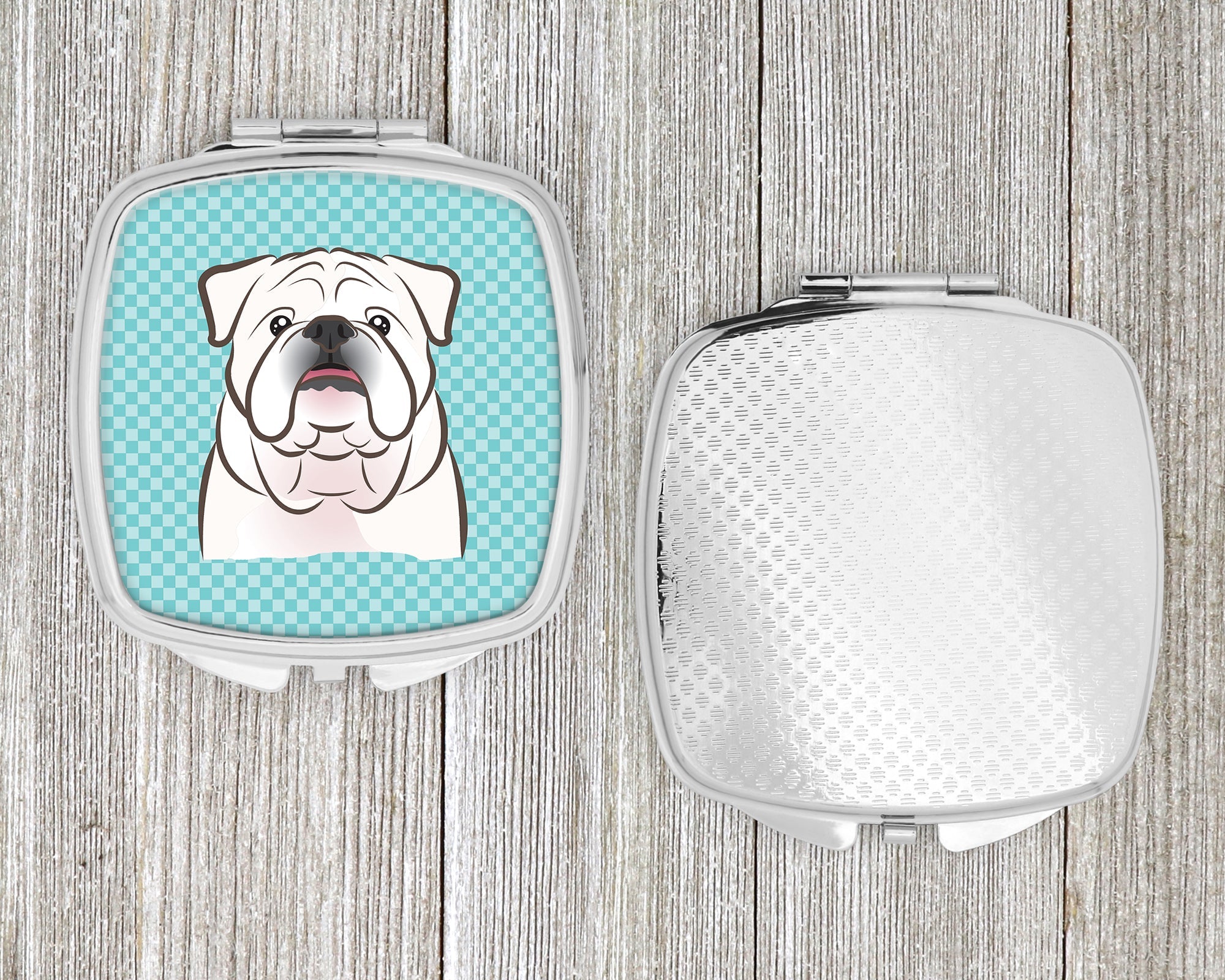 Checkerboard Blue White English Bulldog  Compact Mirror Decorative Travel Makeup Mirror for Women Girls Gifts Pocket Makeup Mirror Folding Handheld