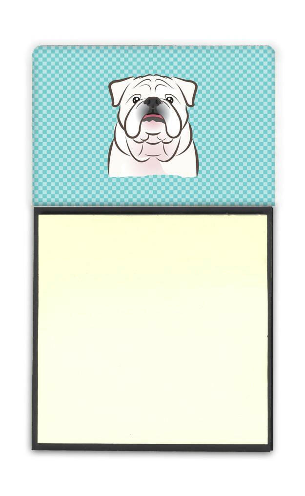 Checkerboard Blue White English Bulldog  Watercolor Sticky Note Holder Refillable Dispenser Desk Accessory 3x3 Pad Gift