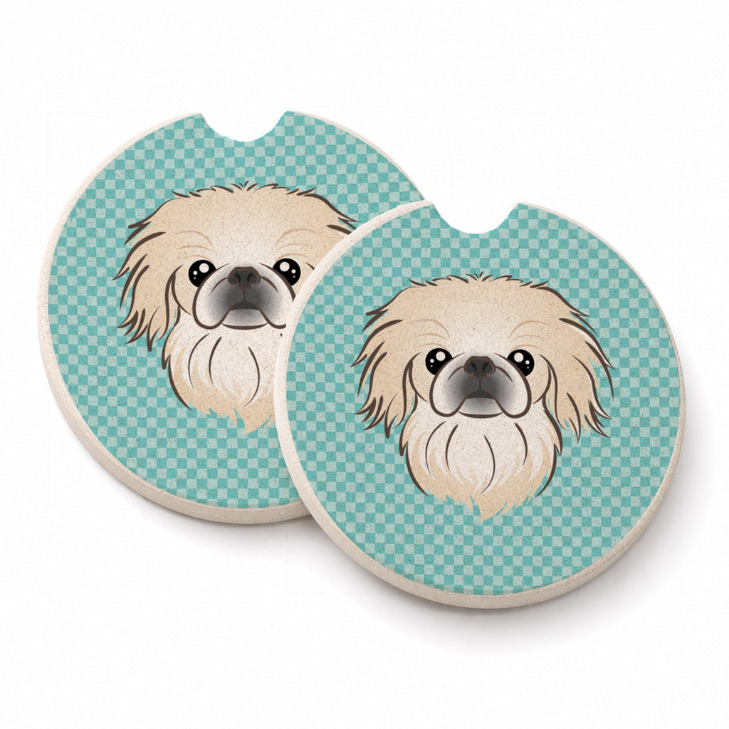 Checkerboard Blue Pekingese Set of 2 Cup Holder Car Coasters Absorbent Round Sandstone Coasters Gifts for Men or Women, 2.5, Multicolor