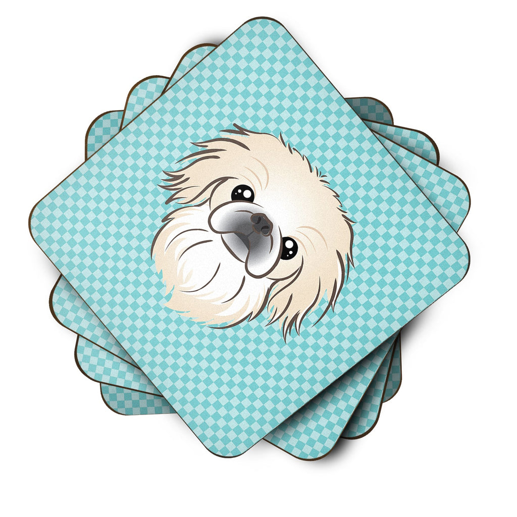 Checkerboard Blue Pekingese Foam Coasters Set of 4 Cup Coasters for Indoor Outdoor, Tabletop Protection, Anti Slip, Mouse pad Material