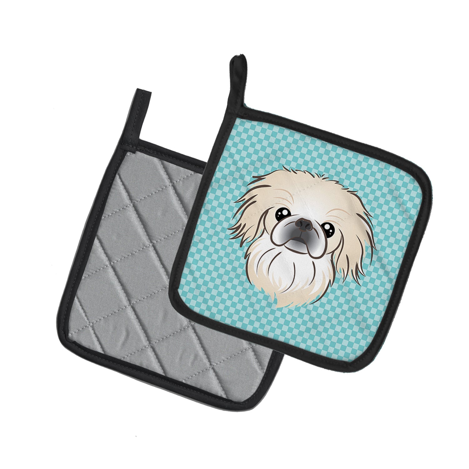 Checkerboard Blue Pekingese Pot Holder Set of 2 Heat Resistant Quilted Hot Pads 7.5 x 7.5 Inch, Insulated Kitchen Trivets for Cooking & Baking