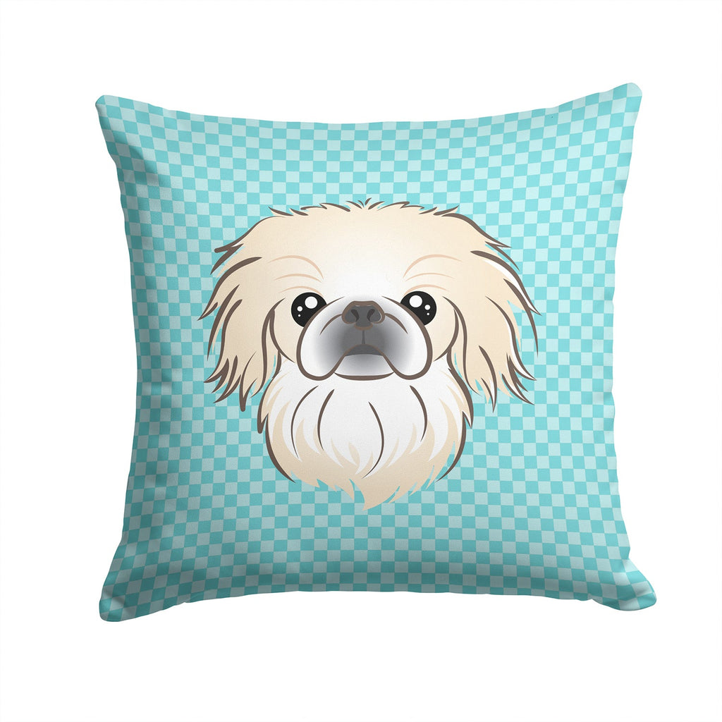 Checkerboard Blue Pekingese Decorative Throw Pillow 14x14 Indoor Outdoor Accent Cushion, Fabric Cover with Insert for Sofa, Bed, Porch & Living Room