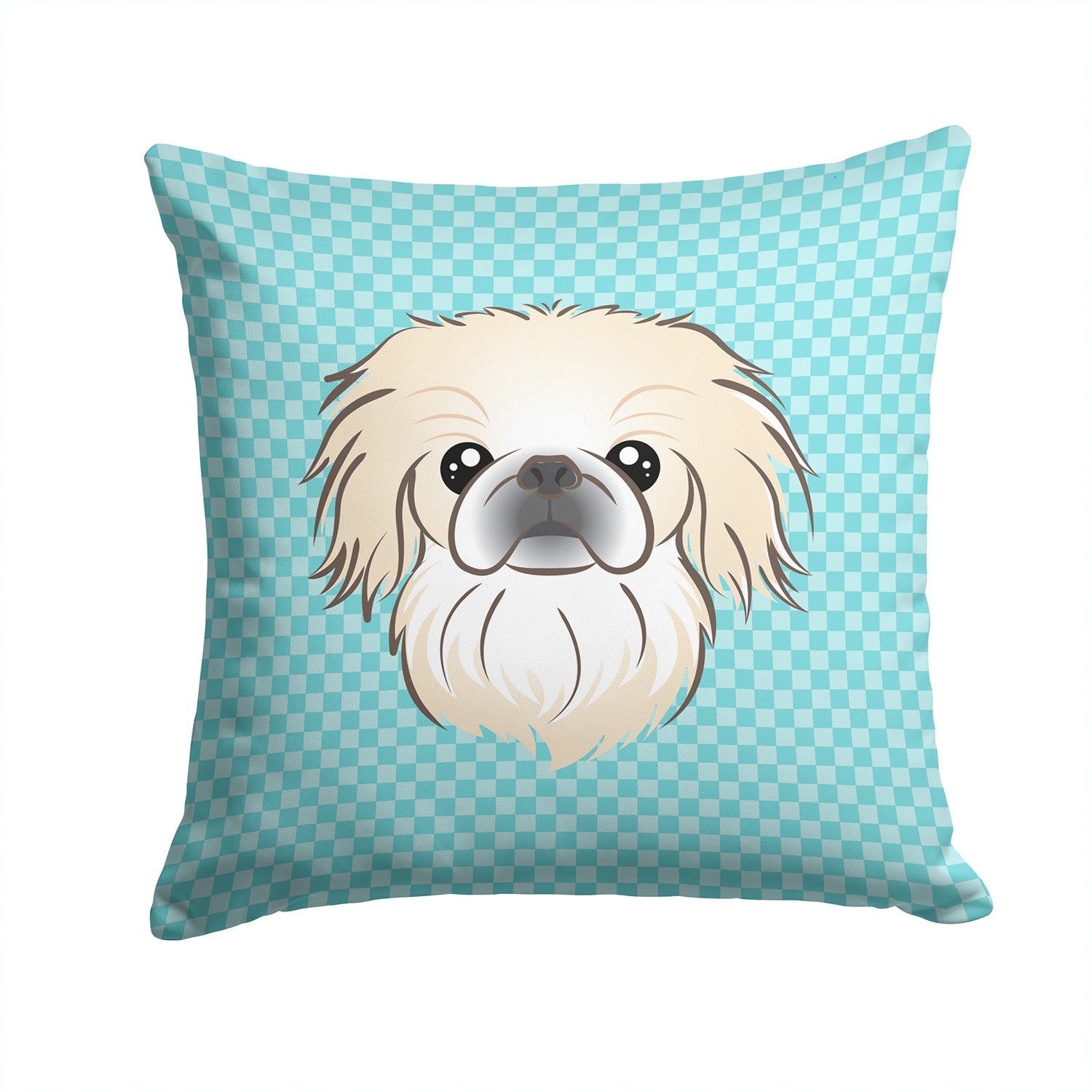 Checkerboard Blue Pekingese Decorative Throw Pillow 14x14 Indoor Outdoor Accent Cushion, Fabric Cover with Insert for Sofa, Bed, Porch & Living Room