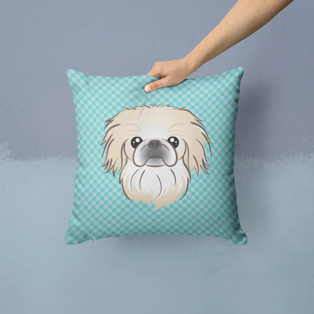 Checkerboard Blue Pekingese Decorative Throw Pillow 14x14 Indoor Outdoor Accent Cushion, Fabric Cover with Insert for Sofa, Bed, Porch & Living Room
