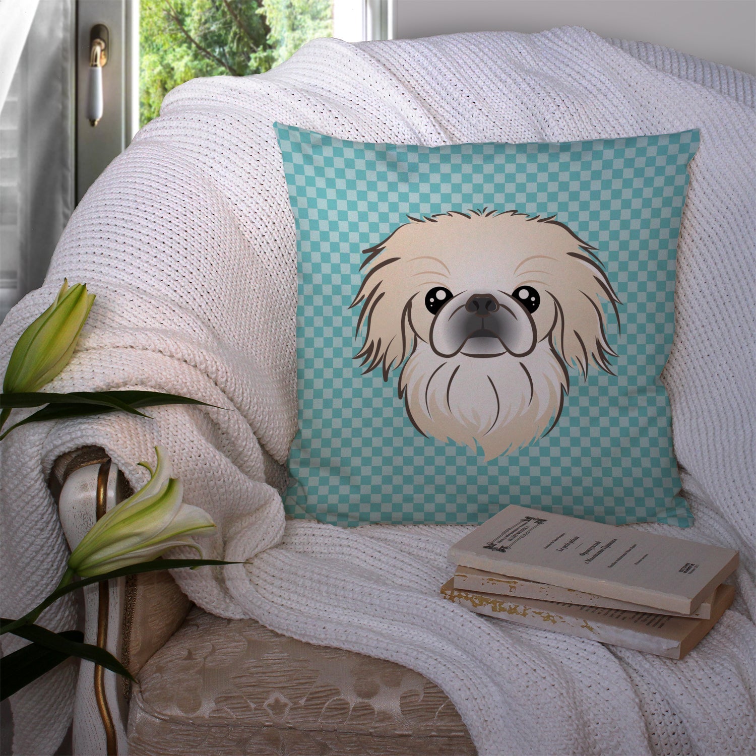 Checkerboard Blue Pekingese Decorative Throw Pillow 14x14 Indoor Outdoor Accent Cushion, Fabric Cover with Insert for Sofa, Bed, Porch & Living Room