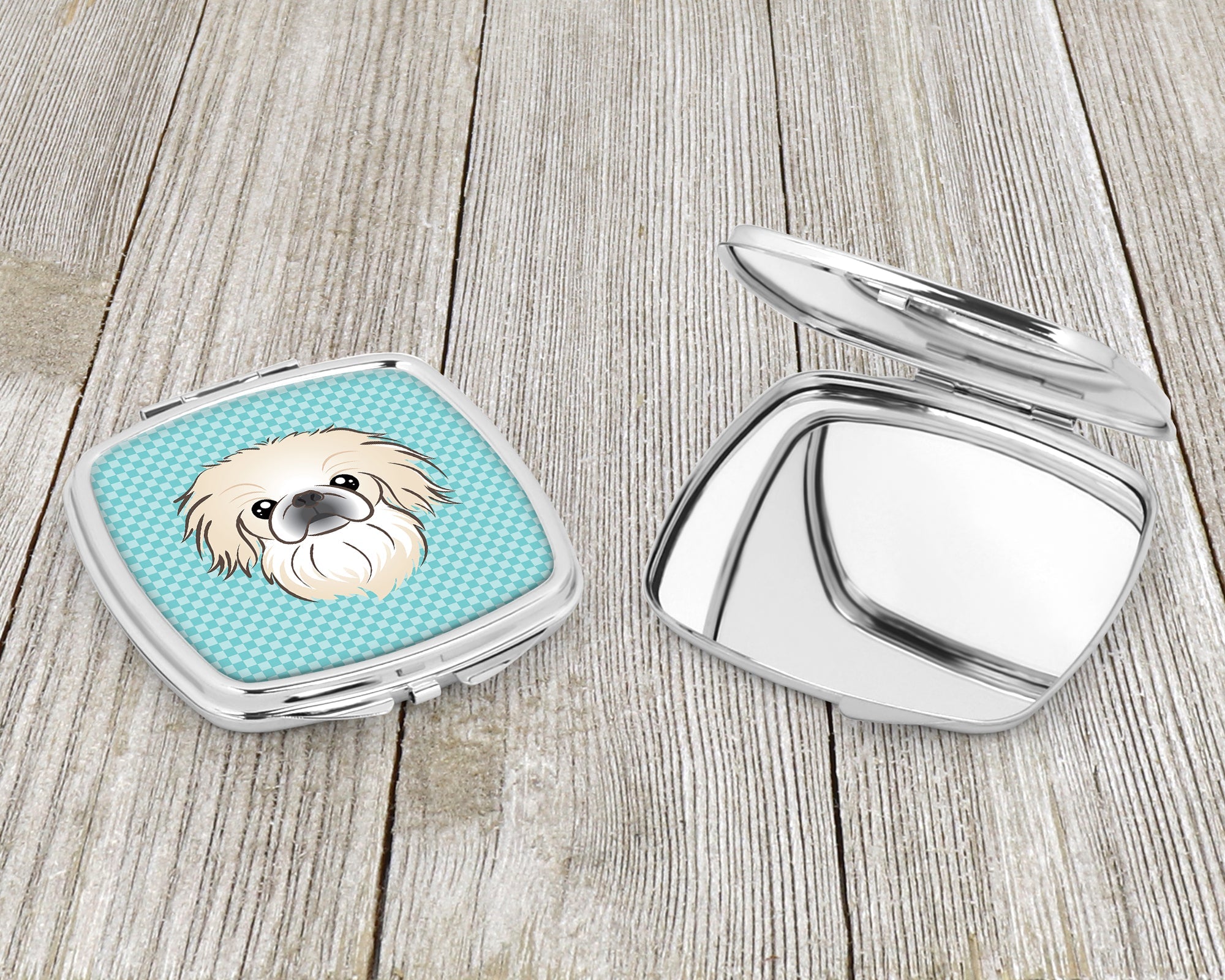 Checkerboard Blue Pekingese Compact Mirror Decorative Travel Makeup Mirror for Women Girls Gifts Pocket Makeup Mirror Folding Handheld