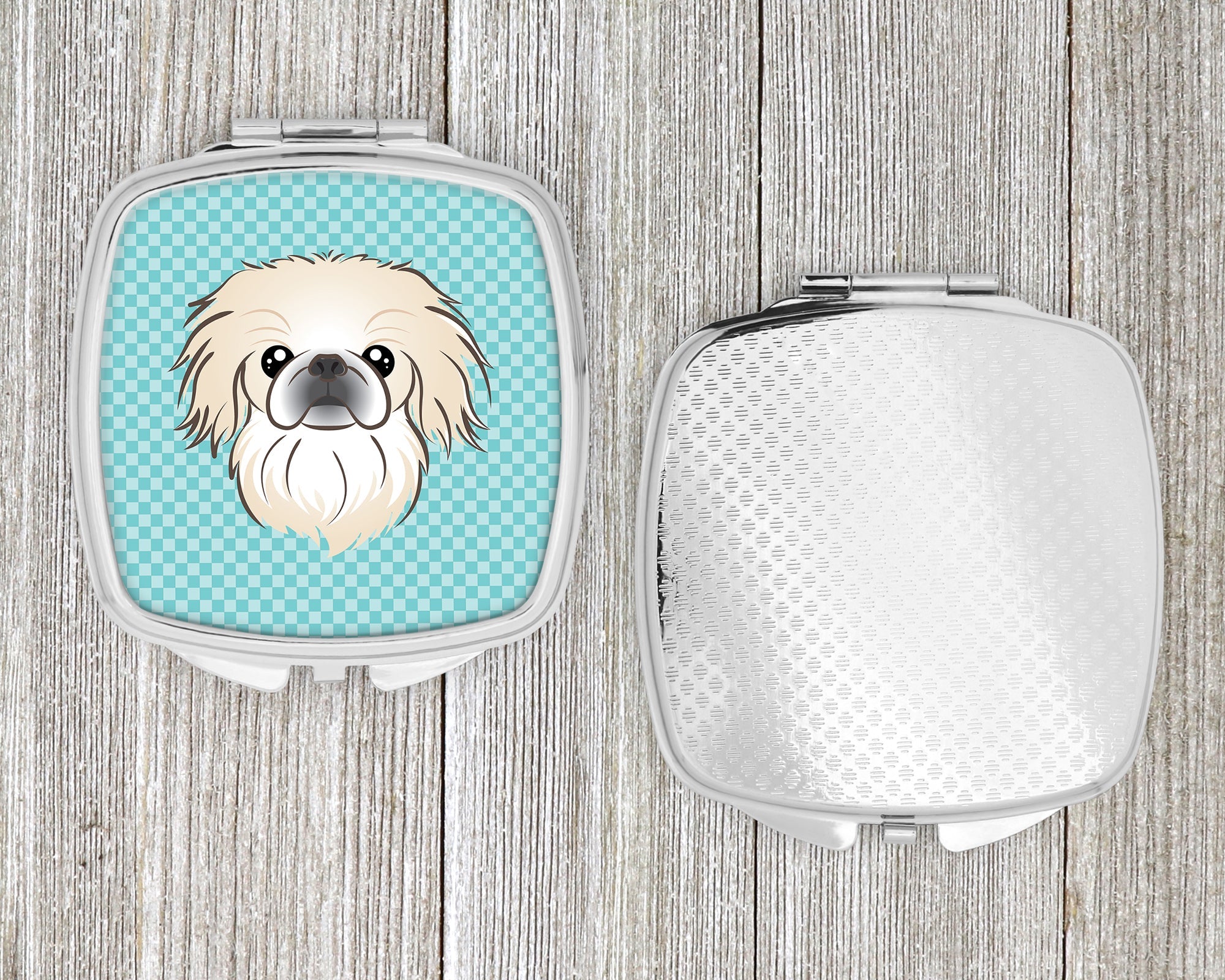Checkerboard Blue Pekingese Compact Mirror Decorative Travel Makeup Mirror for Women Girls Gifts Pocket Makeup Mirror Folding Handheld