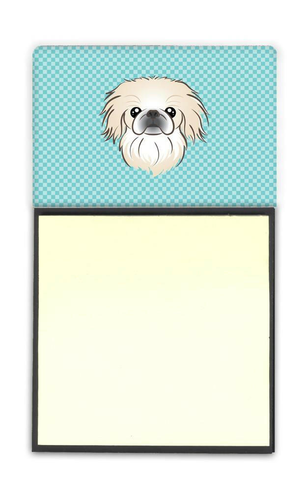 Checkerboard Blue Pekingese Watercolor Sticky Note Holder Refillable Dispenser Desk Accessory 3x3 Pad Gift