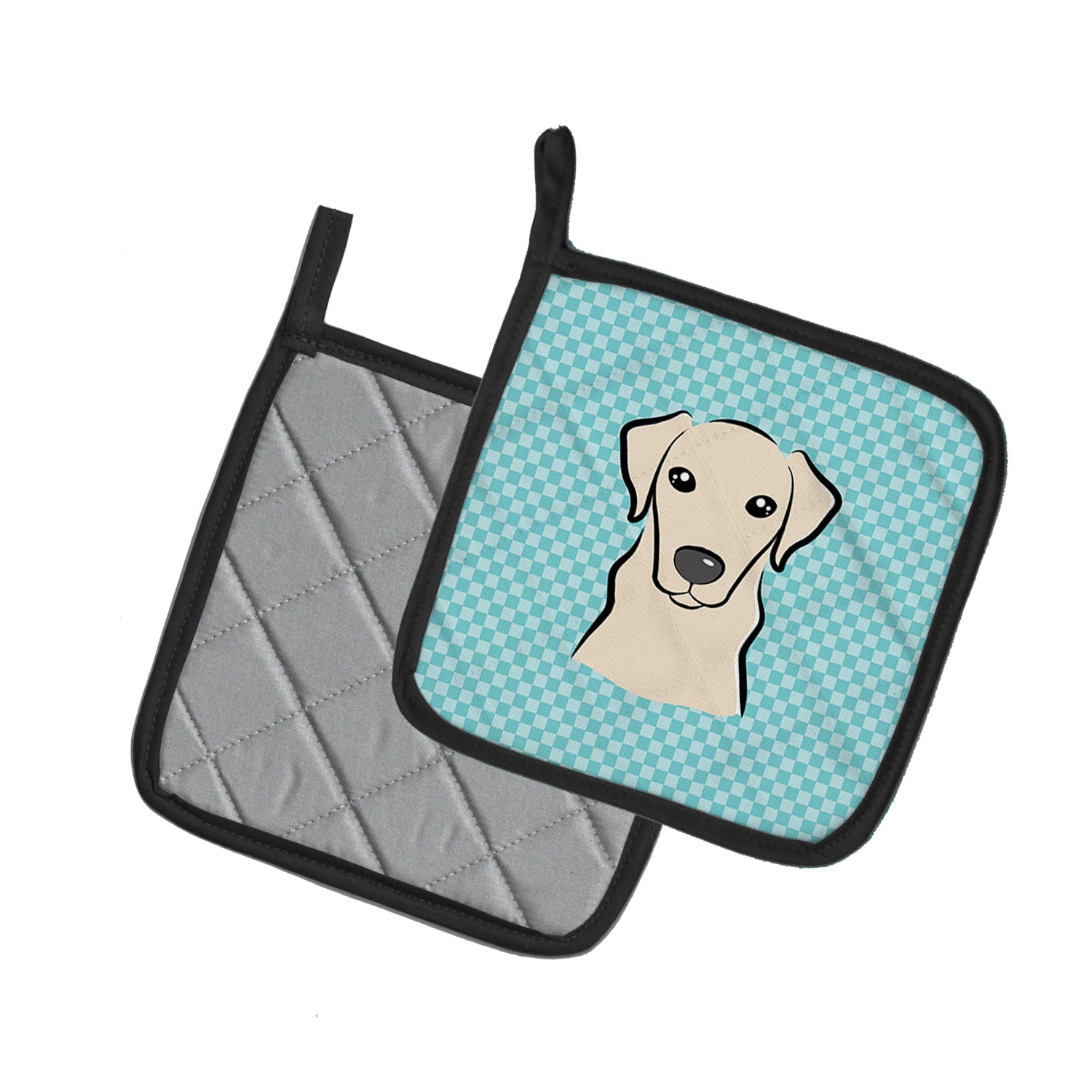 Checkerboard Blue Yellow Labrador Pot Holder Set of 2 Heat Resistant Quilted Hot Pads 7.5 x 7.5 Inch, Insulated Kitchen Trivets for Cooking & Baking