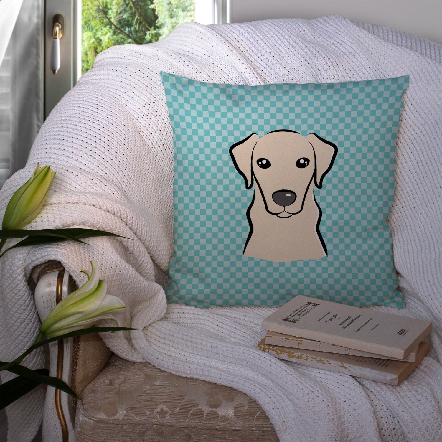 Checkerboard Blue Yellow Labrador Decorative Throw Pillow 14x14 Indoor Outdoor Accent Cushion, Fabric Cover with Insert for Sofa, Bed, Porch & Living Room
