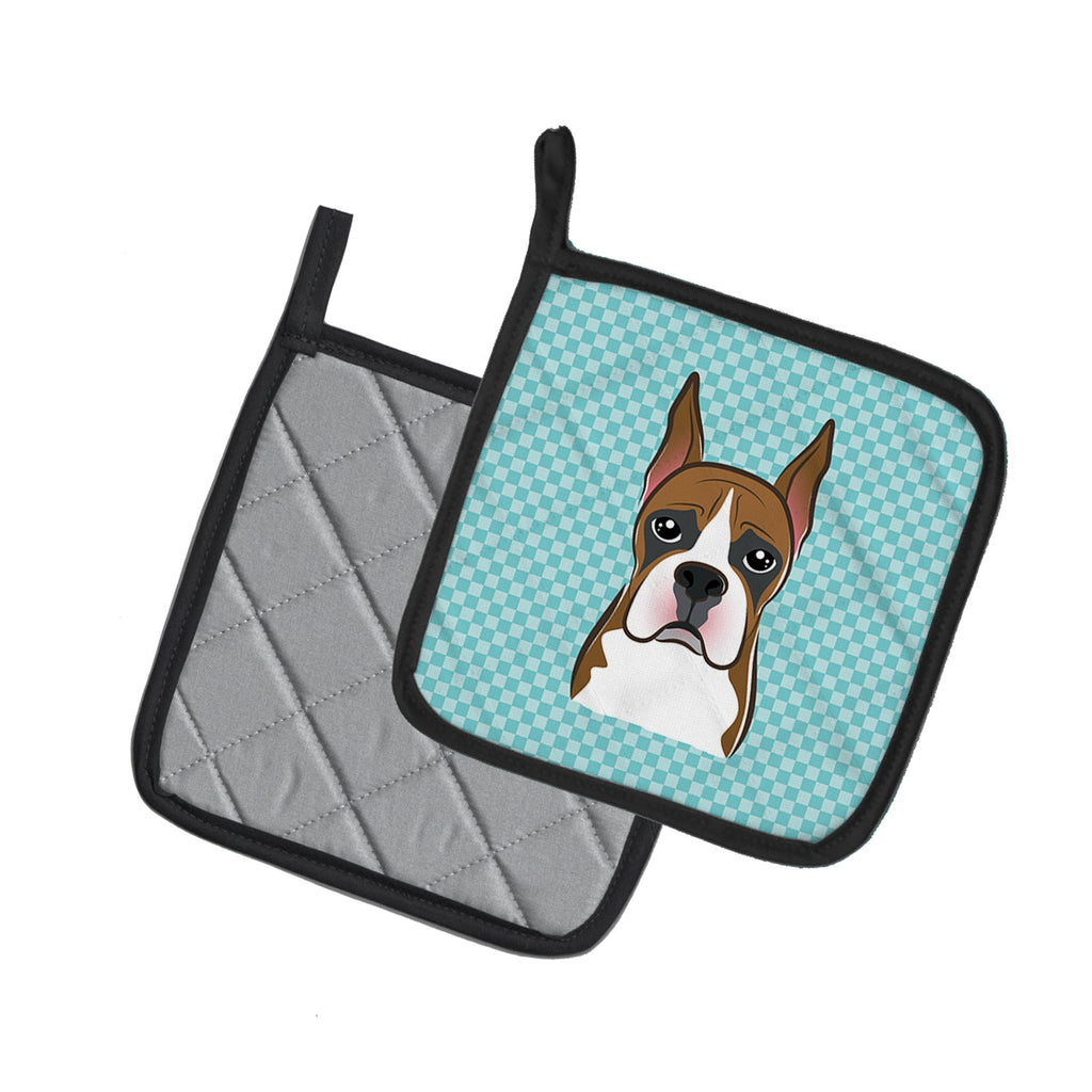Checkerboard Blue Boxer Pot Holder Set of 2 Heat Resistant Quilted Hot Pads 7.5 x 7.5 Inch, Insulated Kitchen Trivets for Cooking & Baking