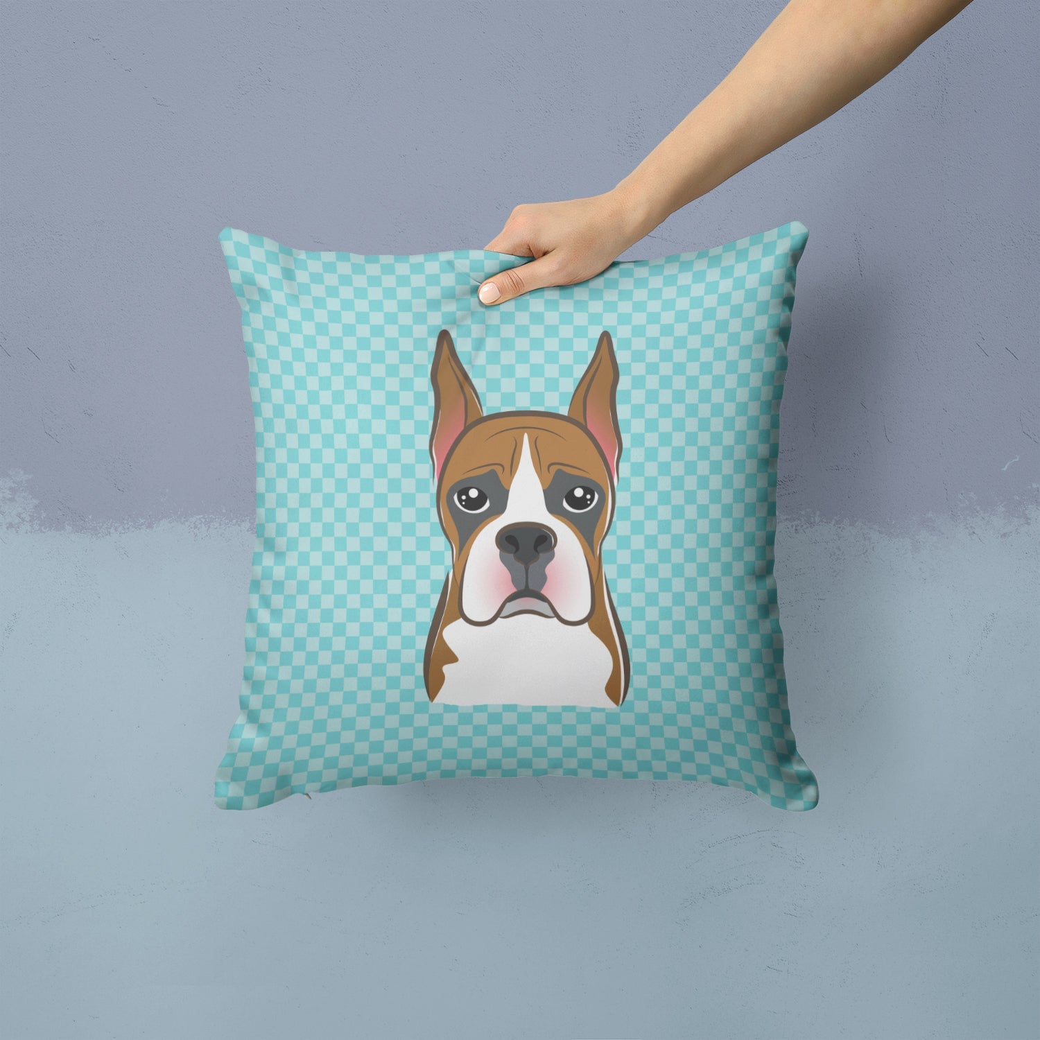Checkerboard Blue Boxer Decorative Throw Pillow 14x14 Indoor Outdoor Accent Cushion, Fabric Cover with Insert for Sofa, Bed, Porch & Living Room