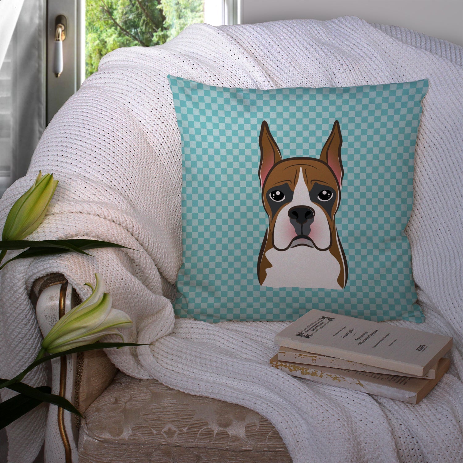 Checkerboard Blue Boxer Decorative Throw Pillow 14x14 Indoor Outdoor Accent Cushion, Fabric Cover with Insert for Sofa, Bed, Porch & Living Room