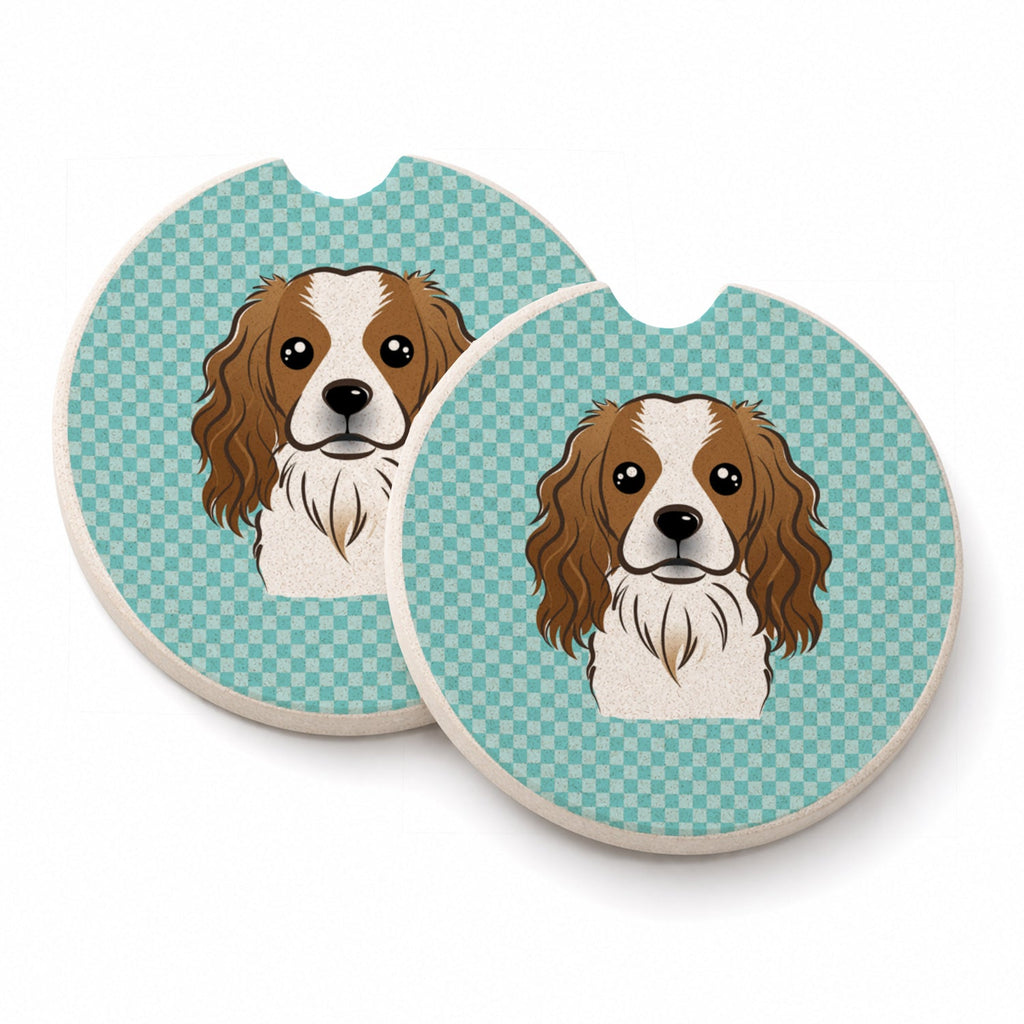 Checkerboard Blue Cavalier Spaniel Set of 2 Cup Holder Car Coasters Absorbent Round Sandstone Coasters Gifts for Men or Women, 2.5, Multicolor