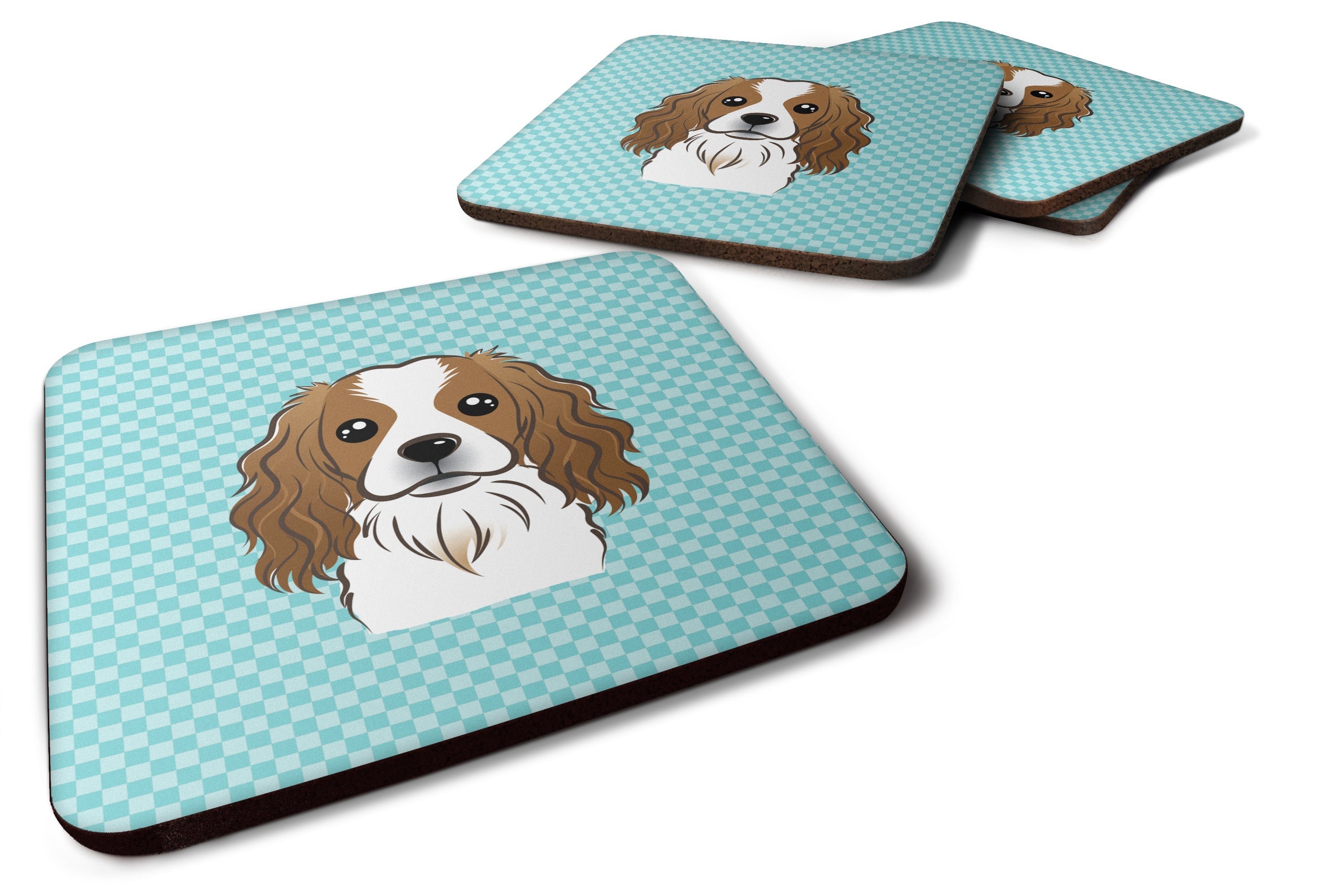 Checkerboard Blue Cavalier Spaniel Foam Coasters Set of 4 Cup Coasters for Indoor Outdoor, Tabletop Protection, Anti Slip, Mouse pad Material