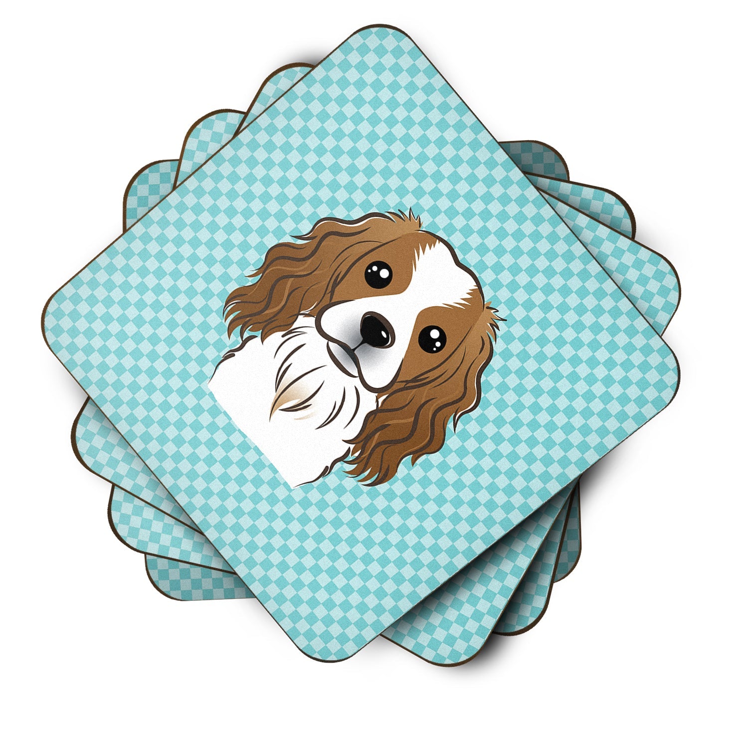 Checkerboard Blue Cavalier Spaniel Foam Coasters Set of 4 Cup Coasters for Indoor Outdoor, Tabletop Protection, Anti Slip, Mouse pad Material