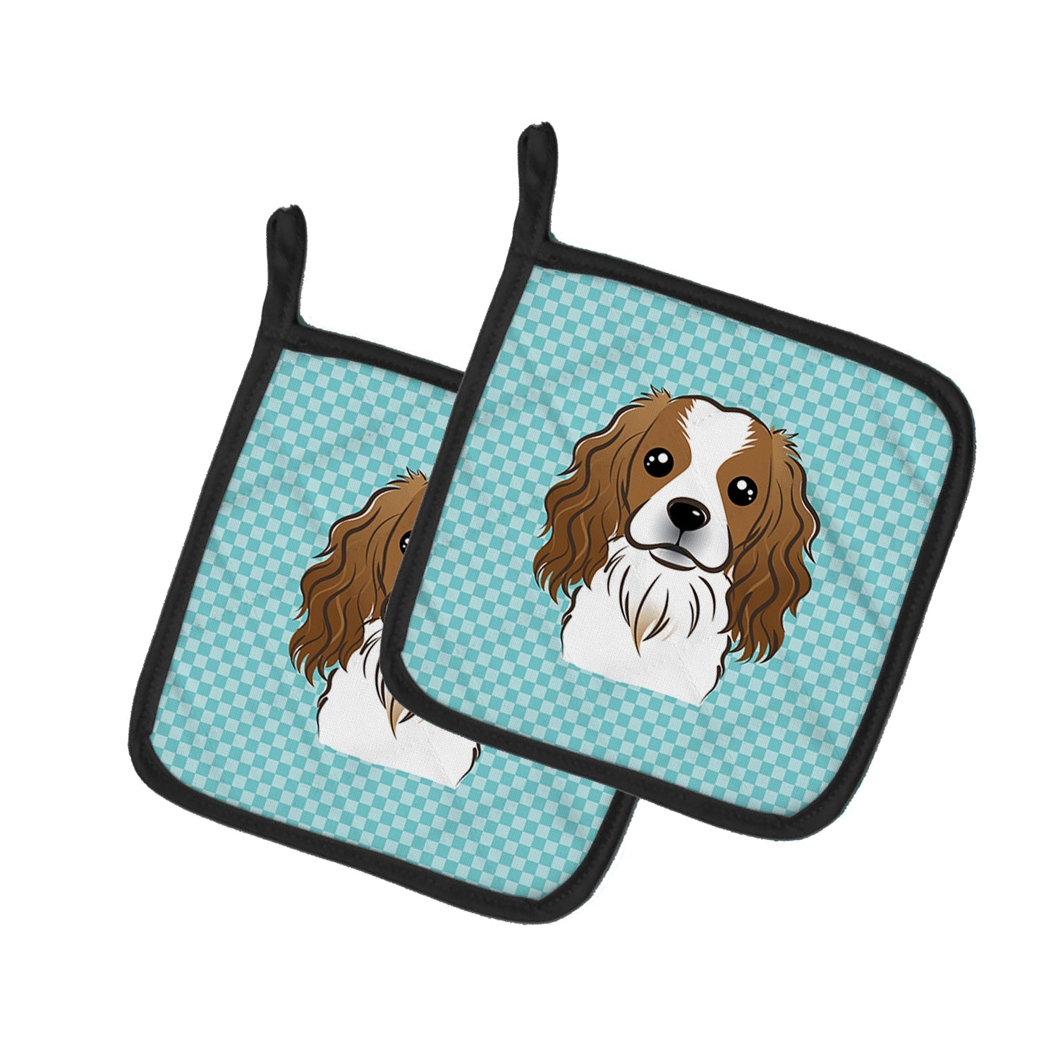 Checkerboard Blue Cavalier Spaniel Pot Holder Set of 2 Heat Resistant Quilted Hot Pads 7.5 x 7.5 Inch, Insulated Kitchen Trivets for Cooking & Baking