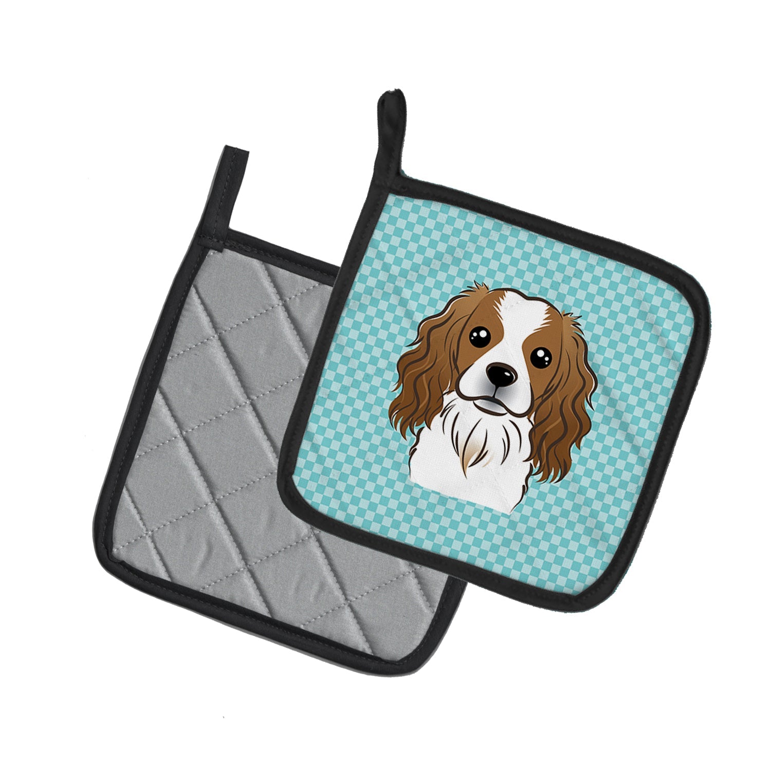 Checkerboard Blue Cavalier Spaniel Pot Holder Set of 2 Heat Resistant Quilted Hot Pads 7.5 x 7.5 Inch, Insulated Kitchen Trivets for Cooking & Baking