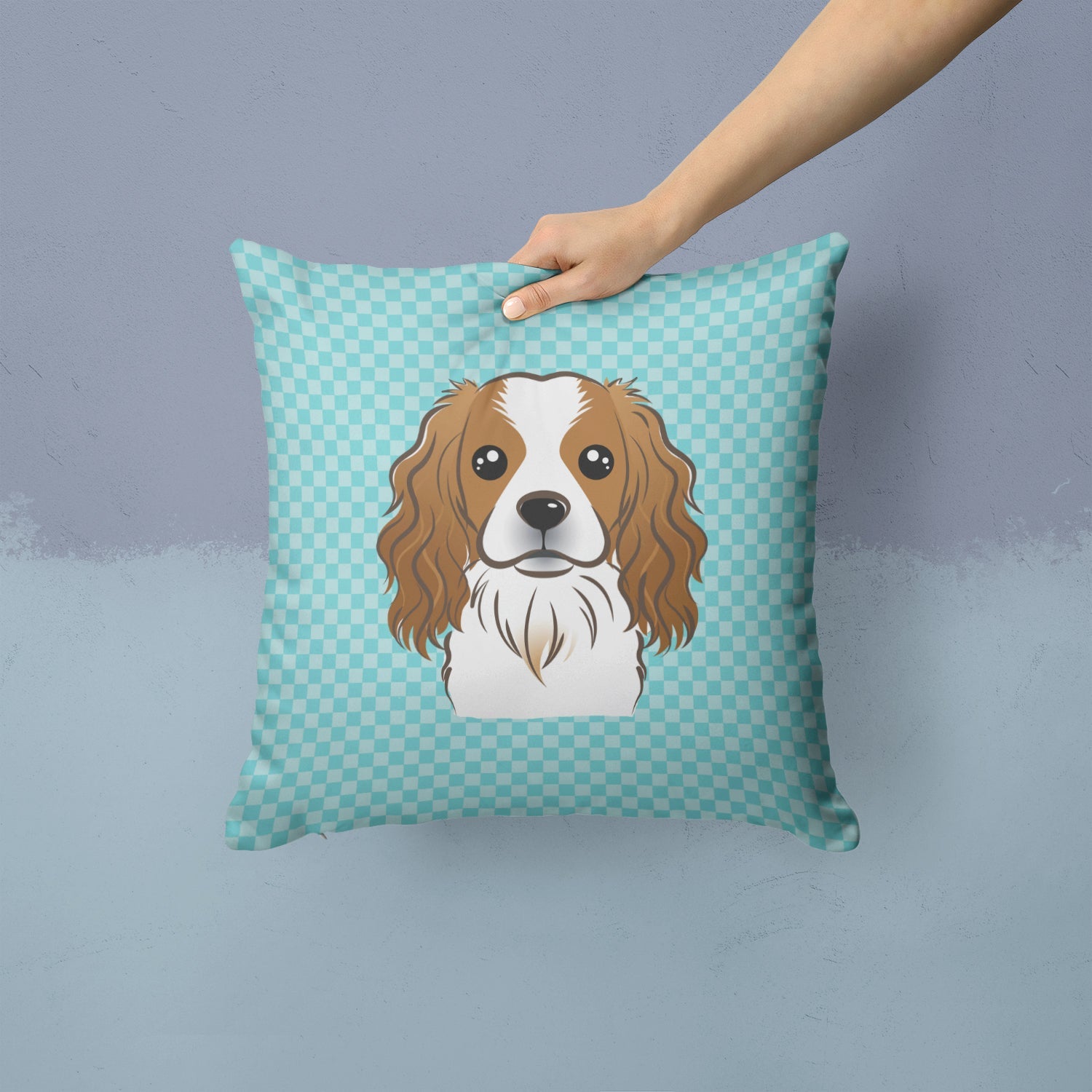 Checkerboard Blue Cavalier Spaniel Decorative Throw Pillow 14x14 Indoor Outdoor Accent Cushion, Fabric Cover with Insert for Sofa, Bed, Porch & Living Room