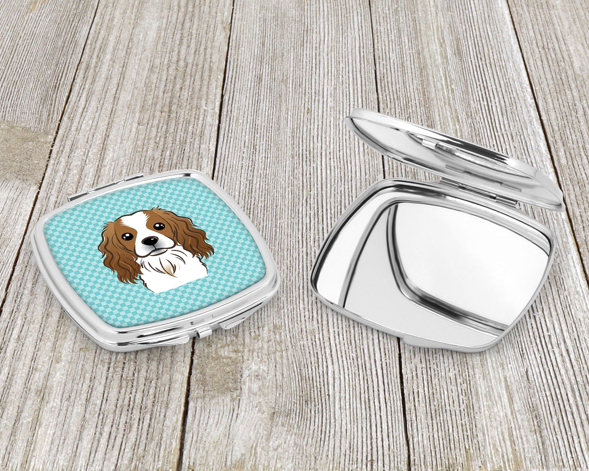 Checkerboard Blue Cavalier Spaniel Compact Mirror Decorative Travel Makeup Mirror for Women Girls Gifts Pocket Makeup Mirror Folding Handheld