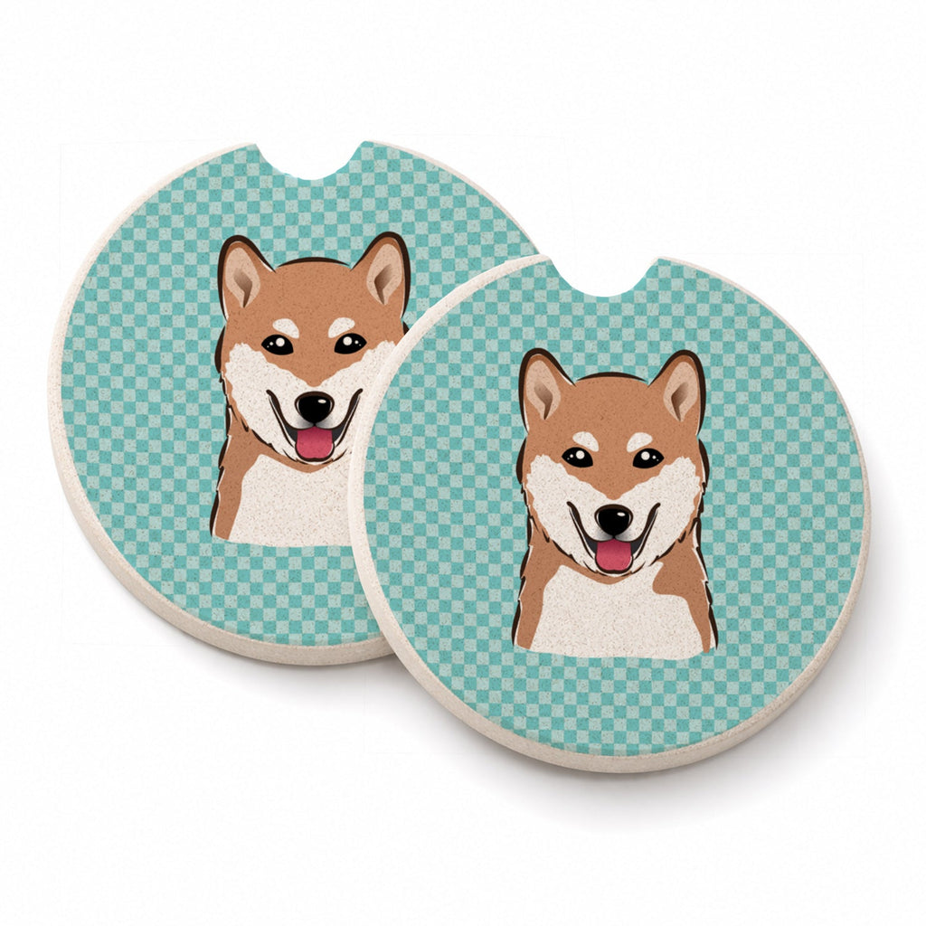 Checkerboard Blue Shiba Inu Set of 2 Cup Holder Car Coasters Absorbent Round Sandstone Coasters Gifts for Men or Women, 2.5, Multicolor