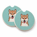 Checkerboard Blue Shiba Inu Set of 2 Cup Holder Car Coasters Absorbent Round Sandstone Coasters Gifts for Men or Women, 2.5, Multicolor