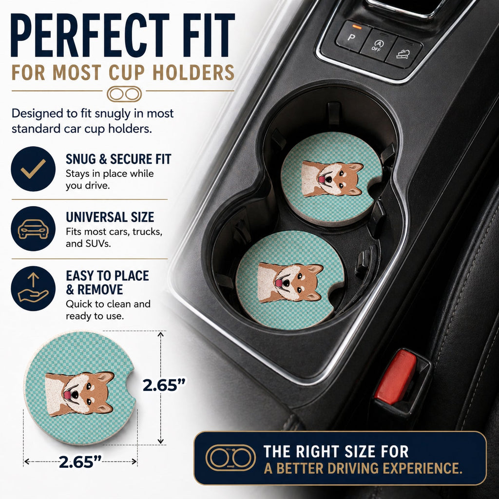 Checkerboard Blue Shiba Inu Set of 2 Cup Holder Car Coasters Absorbent Round Sandstone Coasters Gifts for Men or Women, 2.5, Multicolor